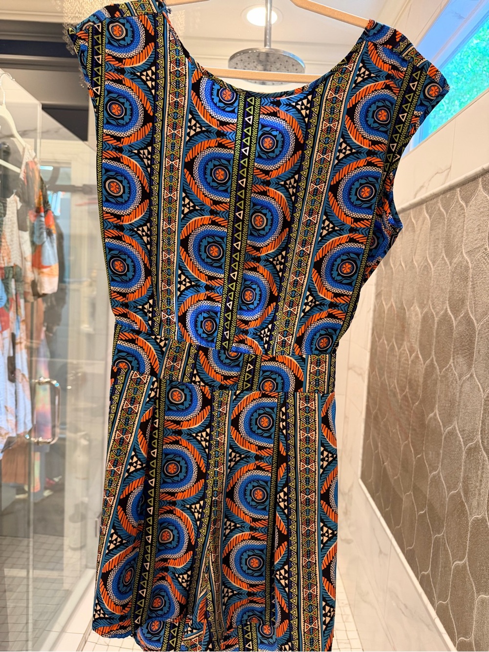 Vibrant Blue & Orange Printed Women’s romper - open back